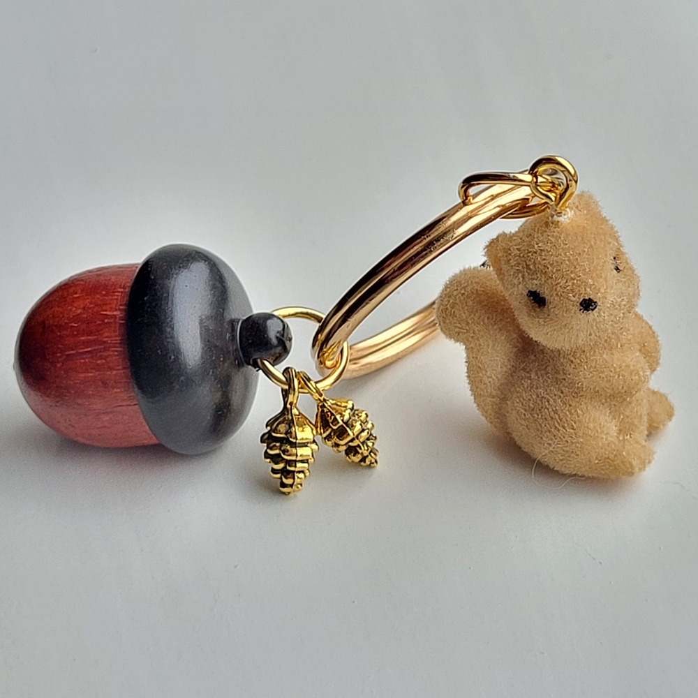 Wooden Acorn and Plush Squirrel Keychain